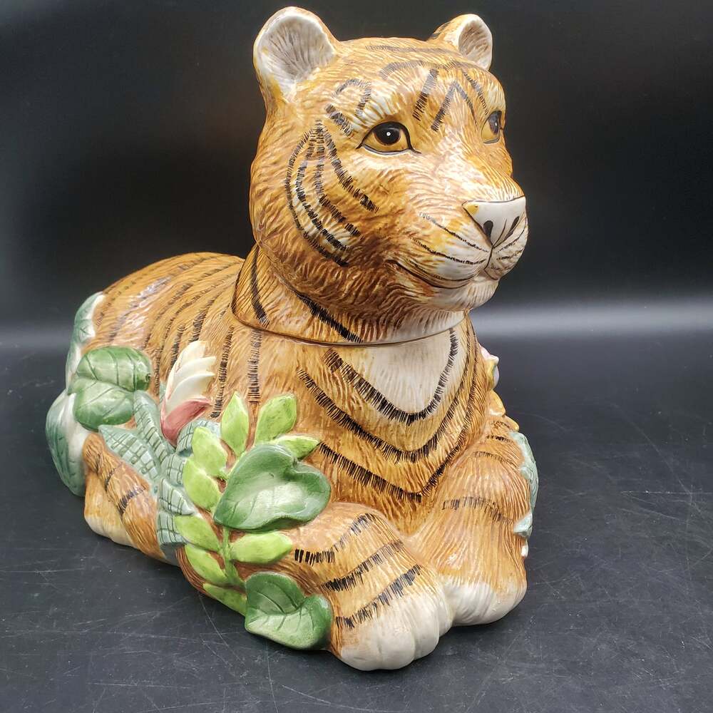 Sakura Tiger Ceramic Cookie Jar Jungle Wildlife Tropical Flowers Collectible